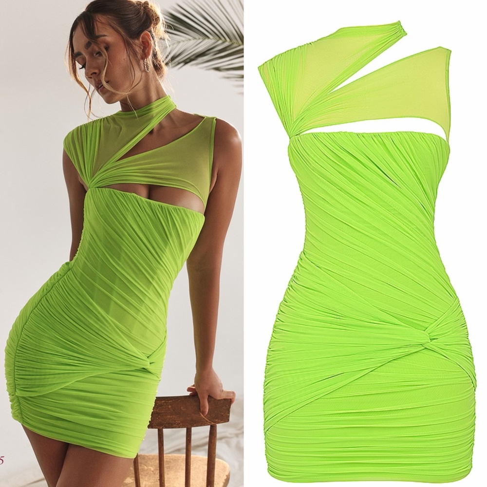 House of CB ADRIE Neon Green Gathered Mini Dress